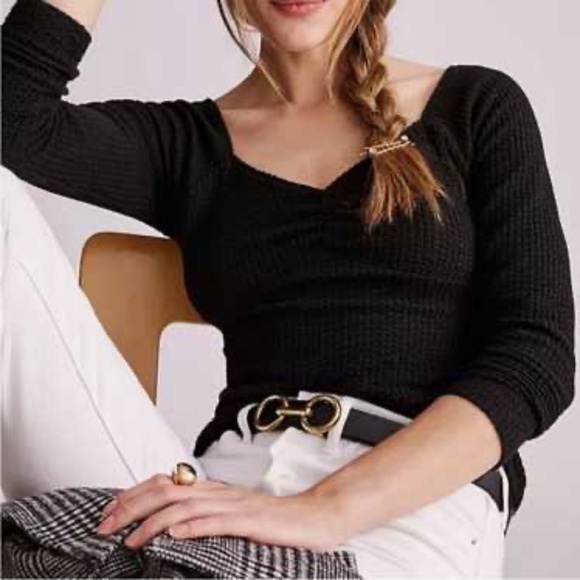 Maeve By Anthropologie  Black Textured Sweetheart Long Sleeve Top Sz XS - Picture 1 of 8